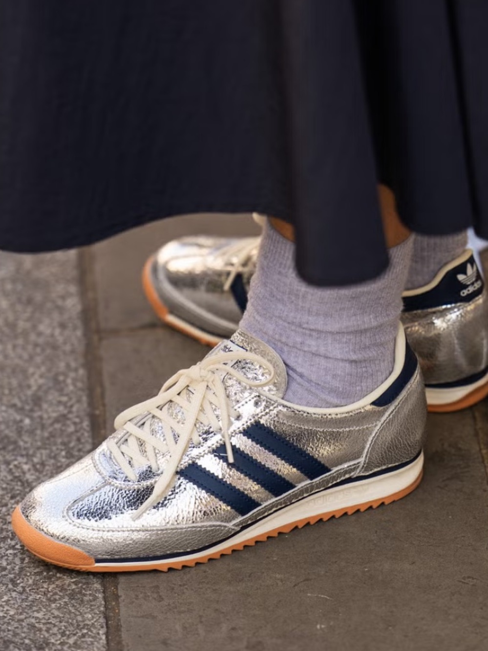 Adidas SL72 Women’s Silver Metallic Sneakers with Navy Stripes 🔥